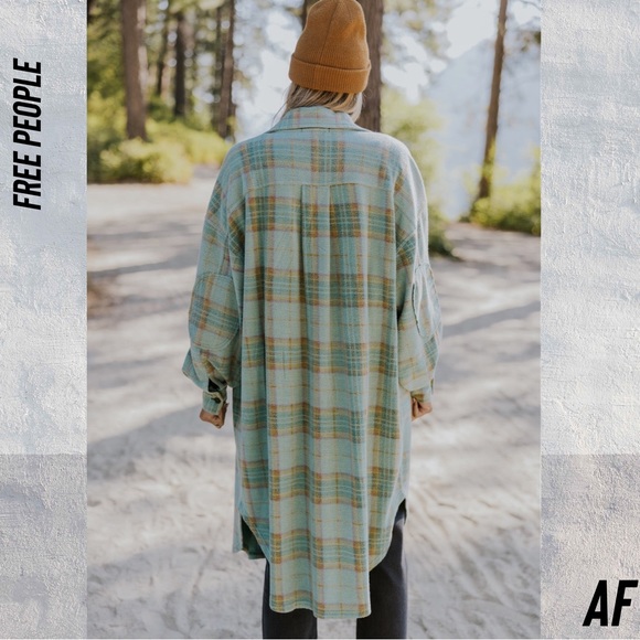 FREE PEOPLE LONG RUBY PLAID JACKET IN GREEN COMBO NEW LARGE - Picture 4 of 8
